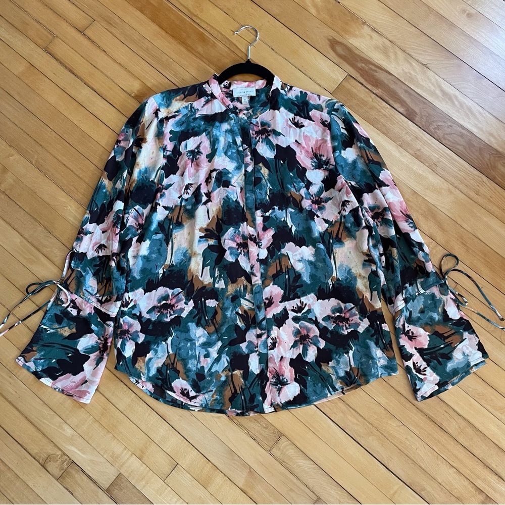 Lucky Brand Y2K Watercolor Floral Blouse Top Shirt Flare Bell Sleeve Whimsigoth